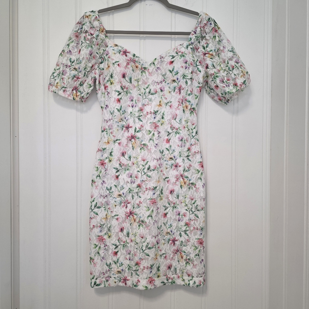GUESS Floral Lace Puff Sleeve Dress Size 4 Romantic Cottagecore